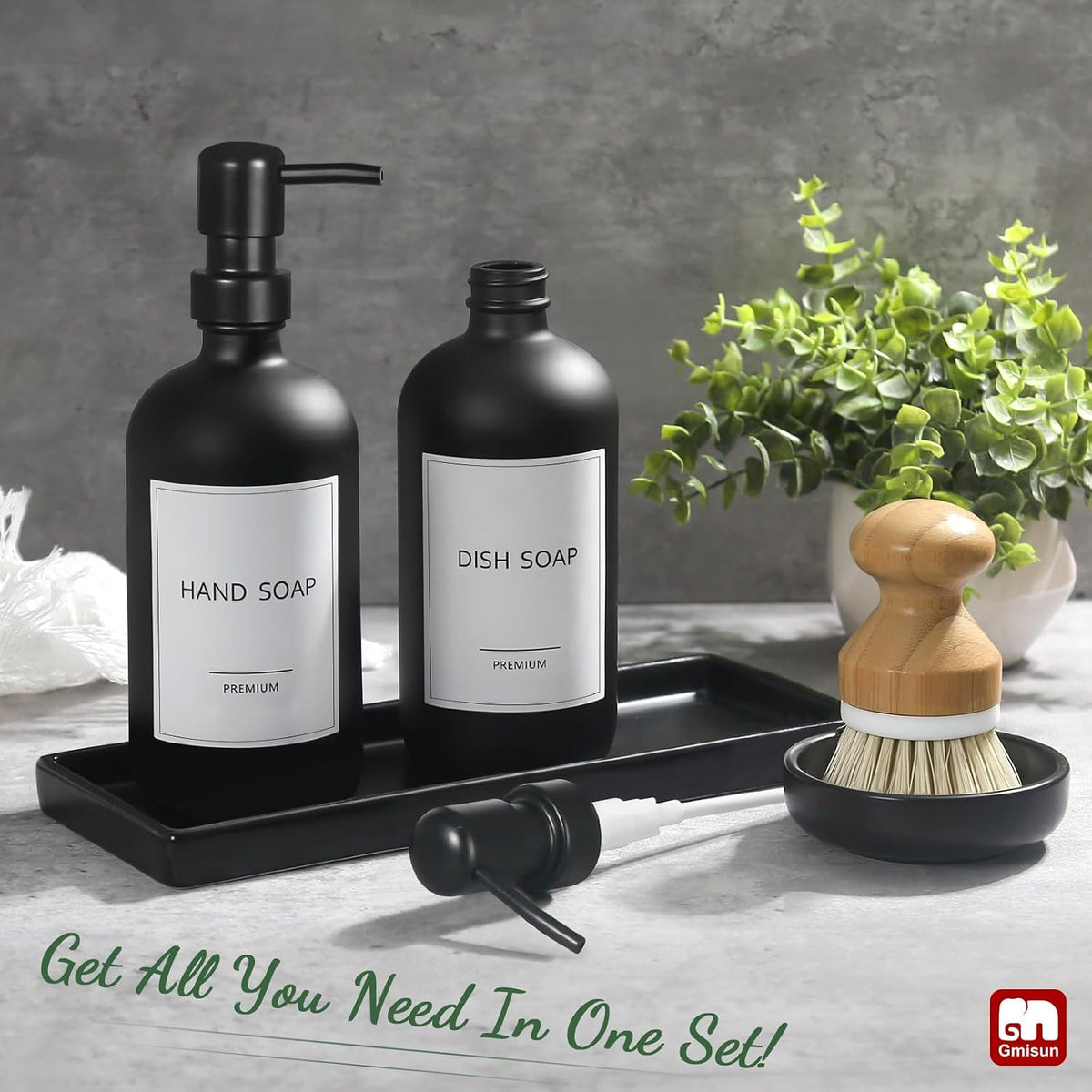 GMISUN Kitchen Soap Dispenser Set, 17 fl oz Dish Soap Dispenser with Ceramic Tray & Bamboo Brush for Kitchen, 2Pcs Matte Black Glass Hand and Dish Soap Dispenser Set, Refillable Soap Bottle Set