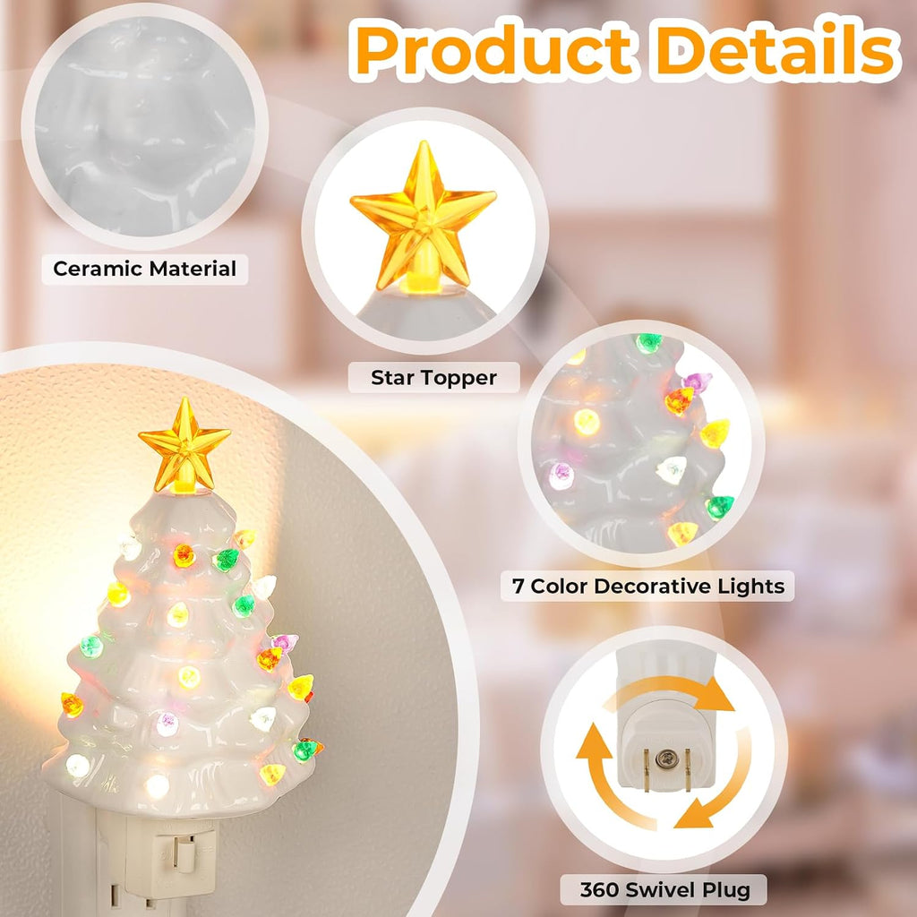 Brightever 2-Pack Ceramic Christmas Tree Night Lights, 6" H UL Certified C7 Christmas Nightlight Plug into Wall with Multicolor Bulbs, On/Off Switch, Vintage Xmas Decor for Bathroom, Bedroom - White
