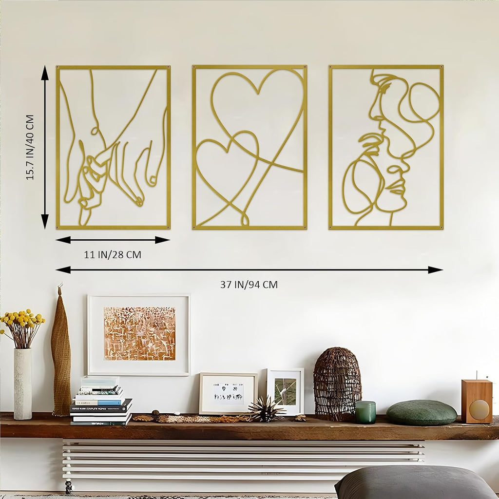 3 Pieces Metal Minimalist Line Wall Art, Love Heart Metal Wall Decor