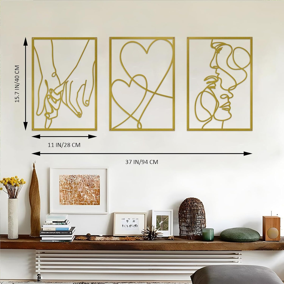 3 Pieces Metal Minimalist Line Wall Art, Love Heart Metal Wall Decor