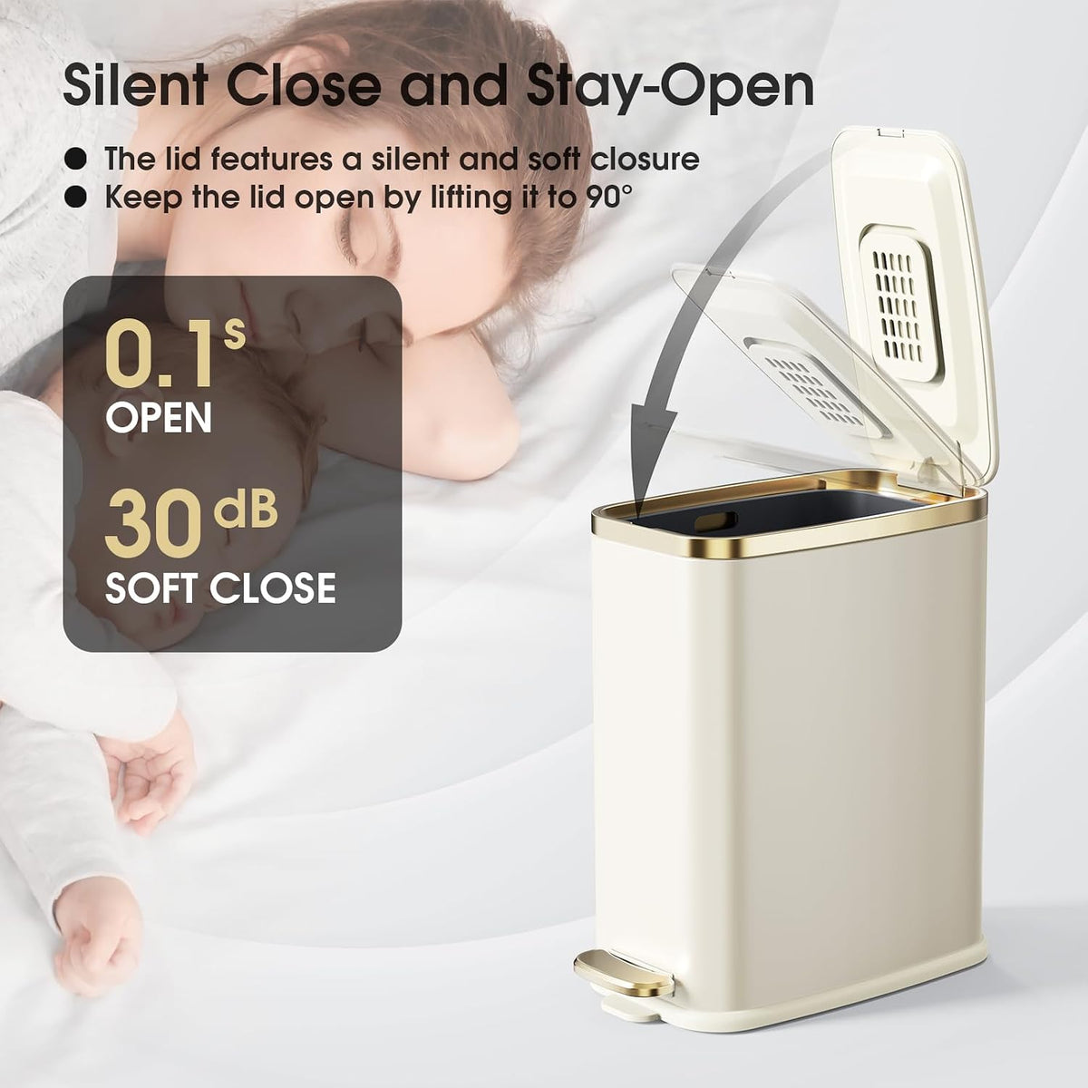 CEROELDA Small Bathroom Trash Can with Lid-5L/1.3 Gal-Soft Close Lid-Beige