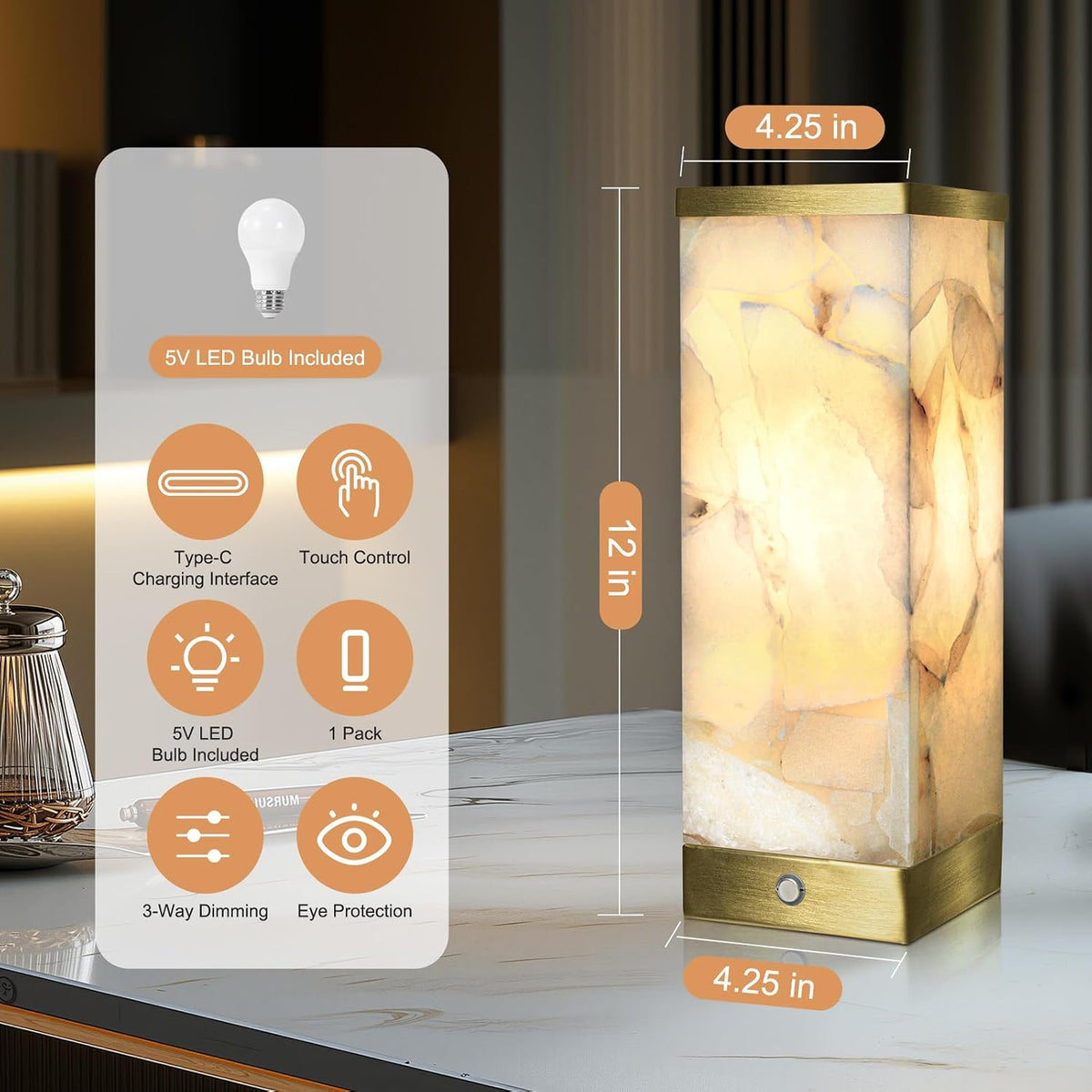 Scenekoy Modern Alabaster Rechargeable Cordless Table Lamp for Living Room