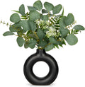 Artificial Eucalyptus Stems in Ceramic Vase 14.23" Fake Eucalyptus Plant Decor Black Donut Vase with Greenery Centerpiece Table Decorations Small Faux Green Plant for Home Farmhouse Wedding Table
