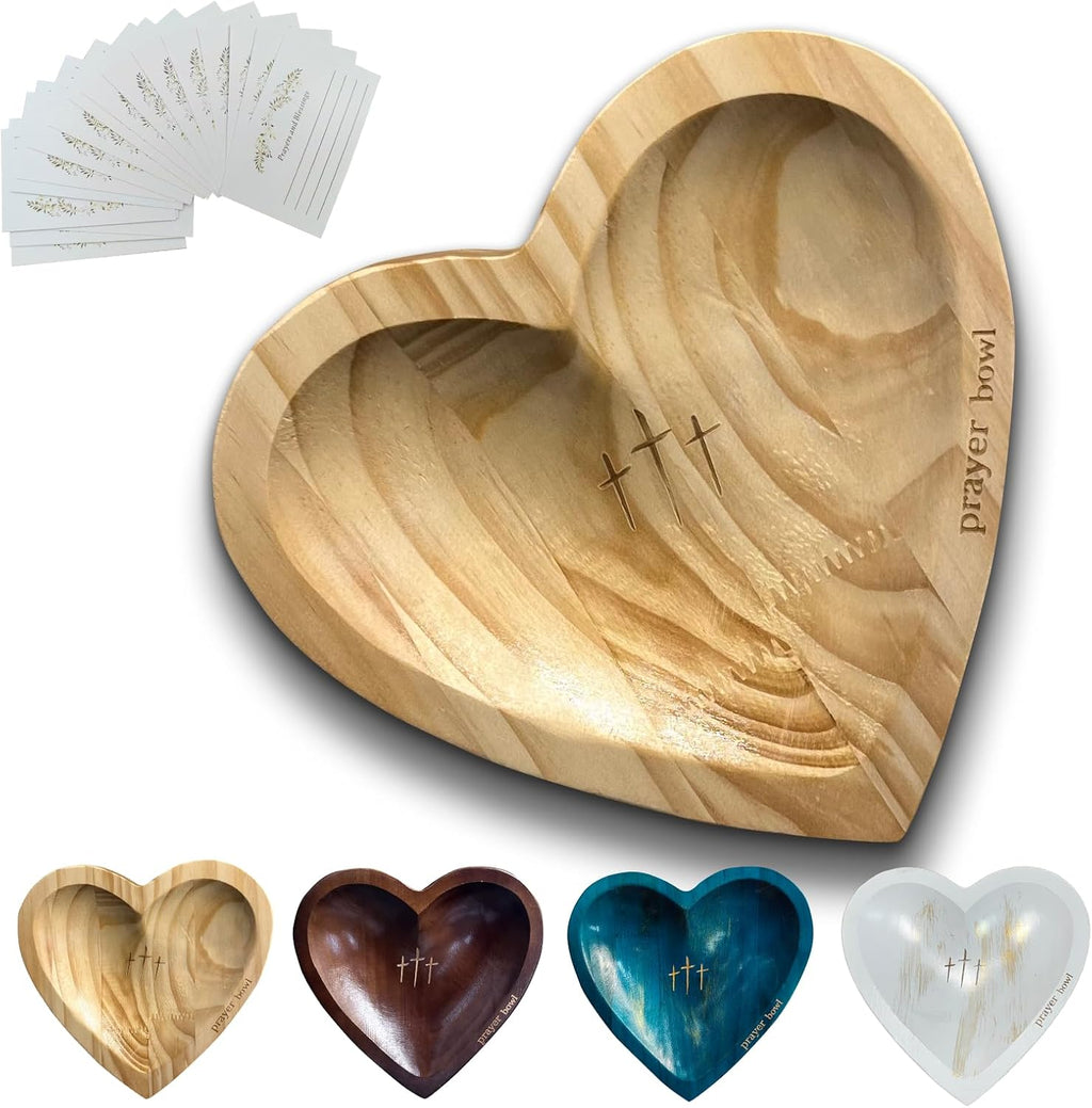 Heart Prayer Bowl Wooden, Handcrafted with 24 Cards, Prayer Dough Bowl Religious/Christmas/Easter/Thanksgiving Day Gifts