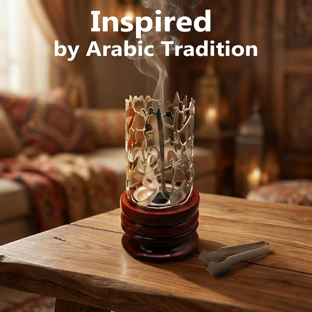 AM Bakhoor Calligraphy Incense Burner - Metalic Resin Cone Holder | Wooden Base | Frankincense Charcoal Burner Mabkhara | Spiritual Gifts for Office & Home Decor (Silver)
