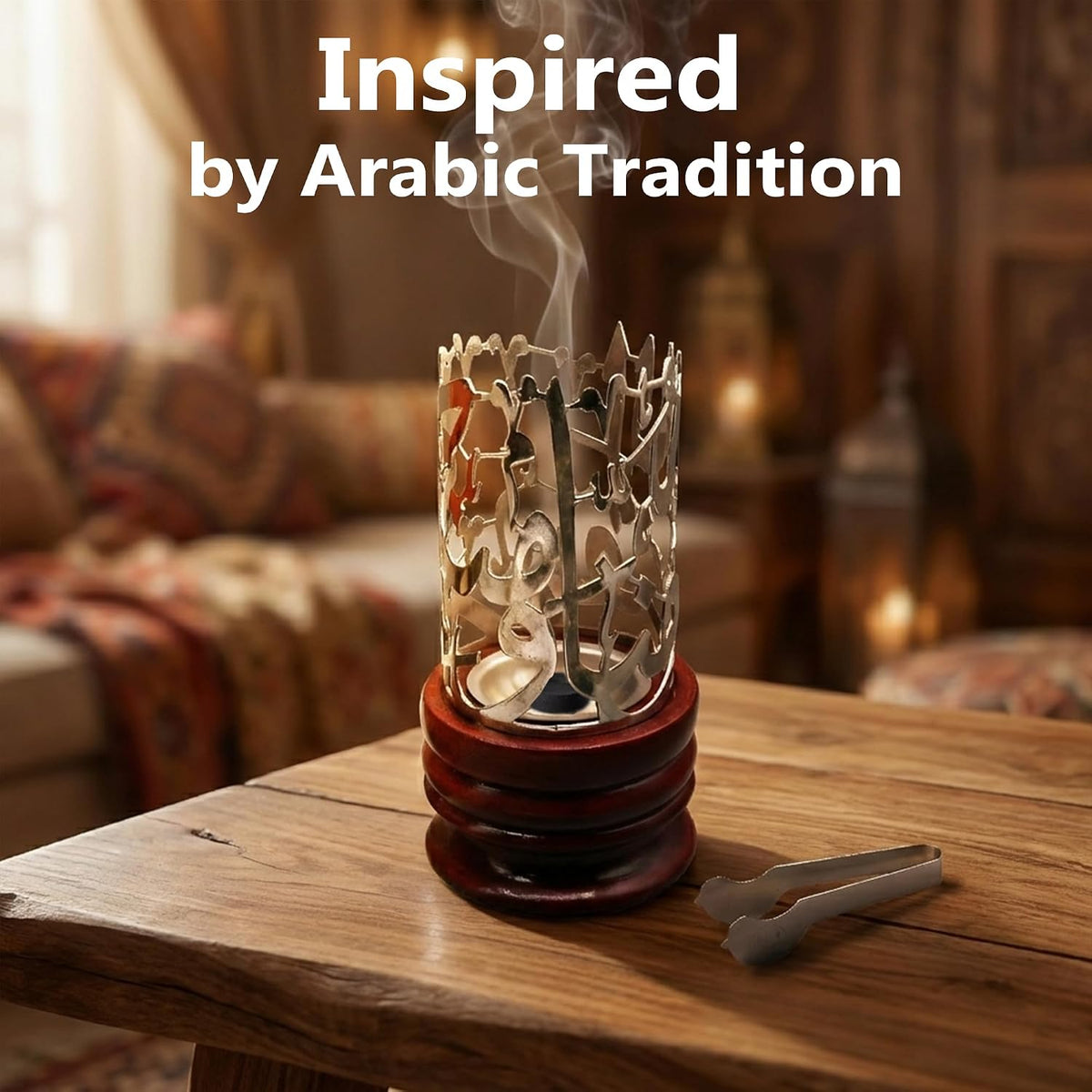 AM Bakhoor Calligraphy Incense Burner - Metalic Resin Cone Holder | Wooden Base | Frankincense Charcoal Burner Mabkhara | Spiritual Gifts for Office & Home Decor (Silver)