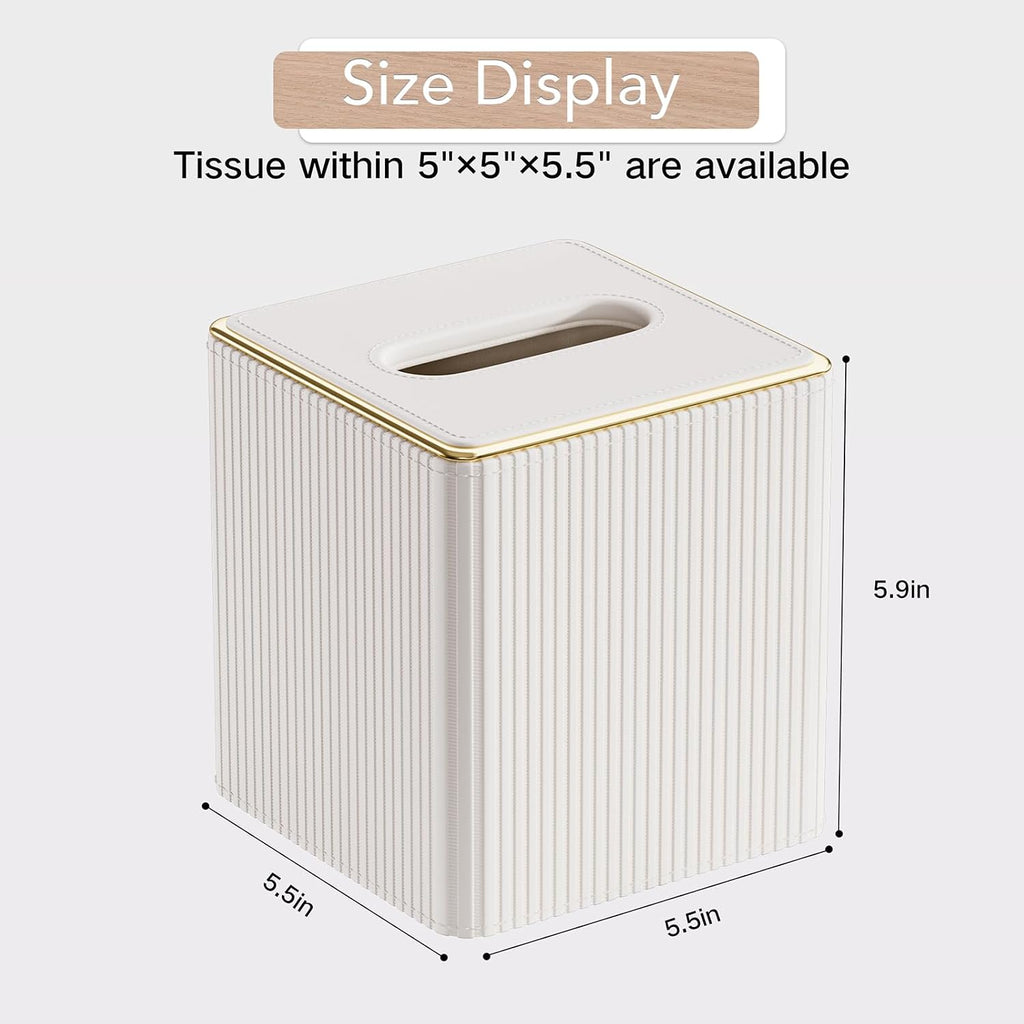 GORESE Tissue Box Cover Square Kleenexs Box Cover, PU Leather Tissue Cover with Gold-Tone Edging, Cube Tissue Box Holder for Bathroom Livingroom Car, Modern Decorative Kleenexs Cover, Cream White
