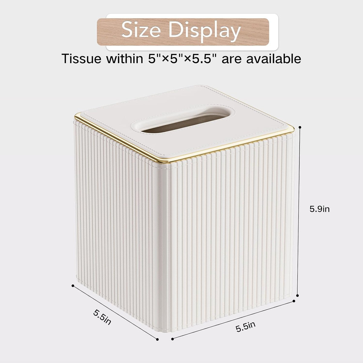 GORESE Tissue Box Cover Square Kleenexs Box Cover, PU Leather Tissue Cover with Gold-Tone Edging, Cube Tissue Box Holder for Bathroom Livingroom Car, Modern Decorative Kleenexs Cover, Cream White