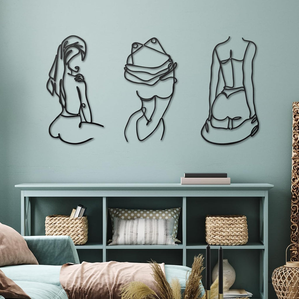 Lounsweer 3 Pcs Modern Minimalist Wall Decor Abstract Line Art Woman Body Wall Decor Modern Single Line Metal Wall Art for Bedroom Living Room Kitchen Bathroom