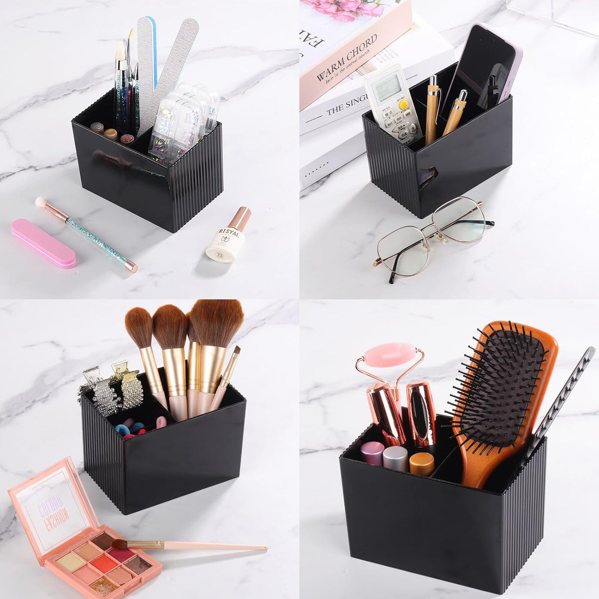 Qtip Holder with Bamboo Lids, 3 Compartments Cotton Ball/Swabs Dispenser, Apothecary Jar Plastic Container for Storage and Organizer (Black)