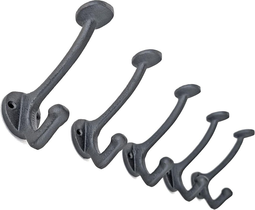 Ambipolar 5-Pack Vintage Decorative Cast Iron Wall Mounted Coat Hooks, Heavy Duty Black Hooks for Coats, Hats, Purse, Towels, Modern Farmhouse Decorative Hooks Black