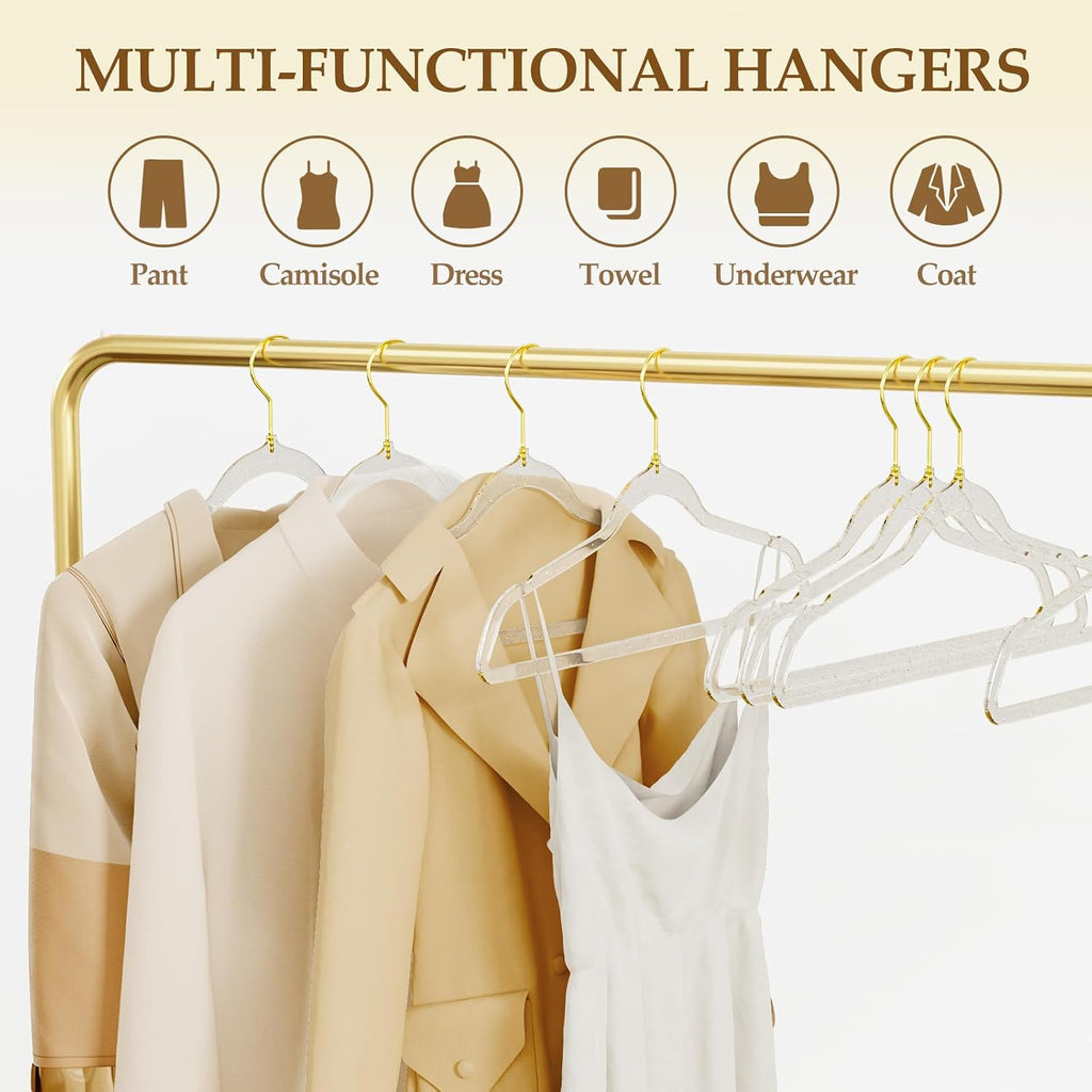 50 Pack Clear Acrylic Hangers with Gold Glitter, Space Saving