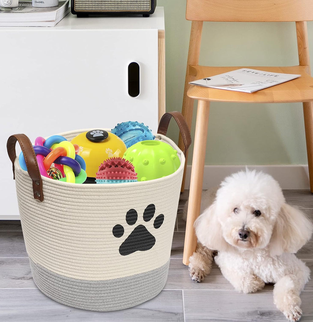 Cotton dog toy basket storage, puppy toy basket, puppy bins, laundry basket blanket storage bin - Perfect for organizing pet toys, blankets, leashes, pee mats and diapers -beige gray