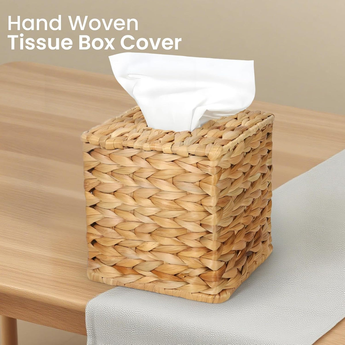 Water Hyacinth Square Tissue Box Cover - Handwoven Natural Fiber Decorative Tissue Holder for Living Room, Bedroom, Bathroom, Fits Standard Square Tissue Boxes, Farmhouse Home Organizer