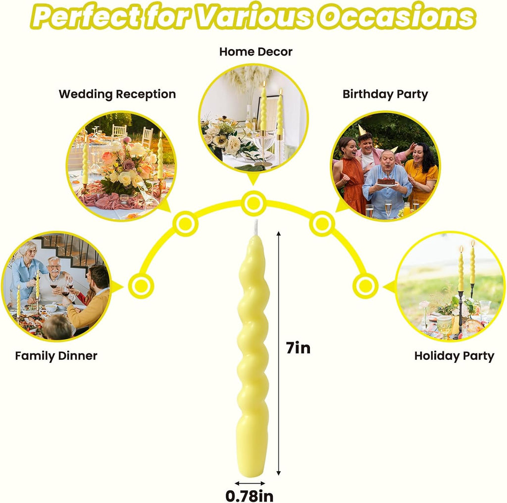 4 Pack 7 Inch Yellow Spiral Taper Candles, Unscented Dripless Fat Twisted Candlesticks for Home Décor Party and Celebrations