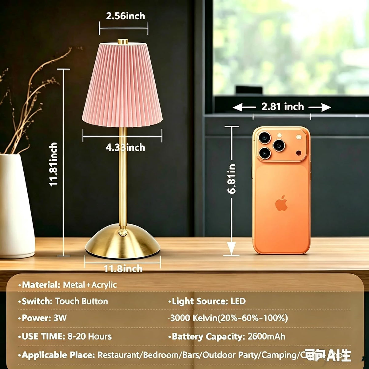 Pink Table Lamps, Battery Operated Cordless Desk Lamp, 3 ColorDimming, Rechargrable LED Lamp,Fabric Lamps, Vintage Aesthetic Lamp for Bedside, Living Room, Home Decor (Gold+Pink)