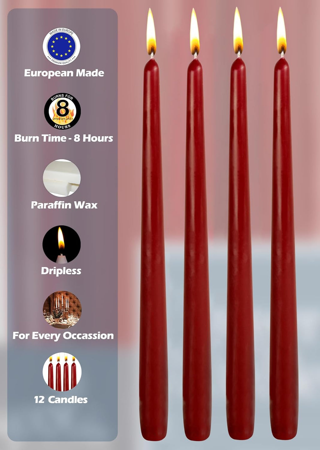12 Pack Tall Taper Candles - 10 Inch Burgundy Dripless, Unscented Dinner Candle - Paraffin Wax with Cotton Wicks - 8 Hour Burn Time