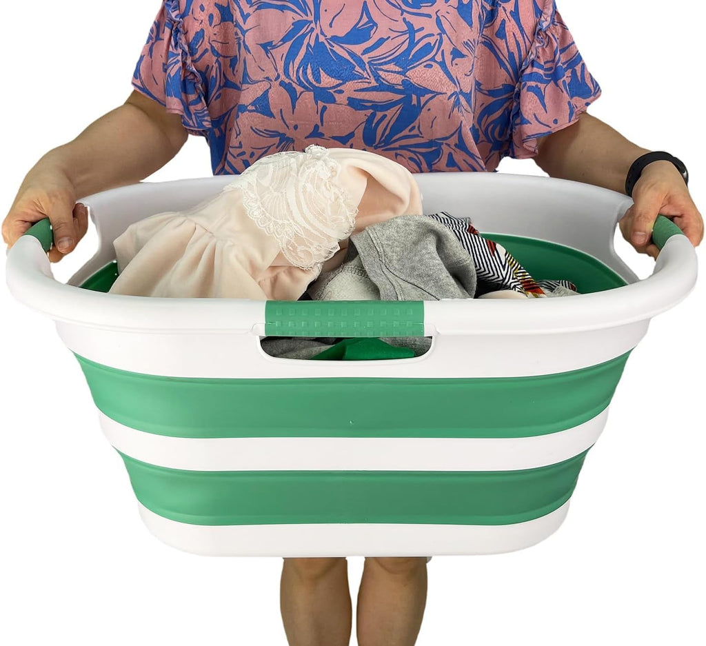 SAMMART 40L (10.5 gallon) Collapsible Plastic Laundry Hamper - Foldable Pop Up Storage Container/Organizer - Portable Washing Tub - Space Saving Basket (1, White/Winter Green)