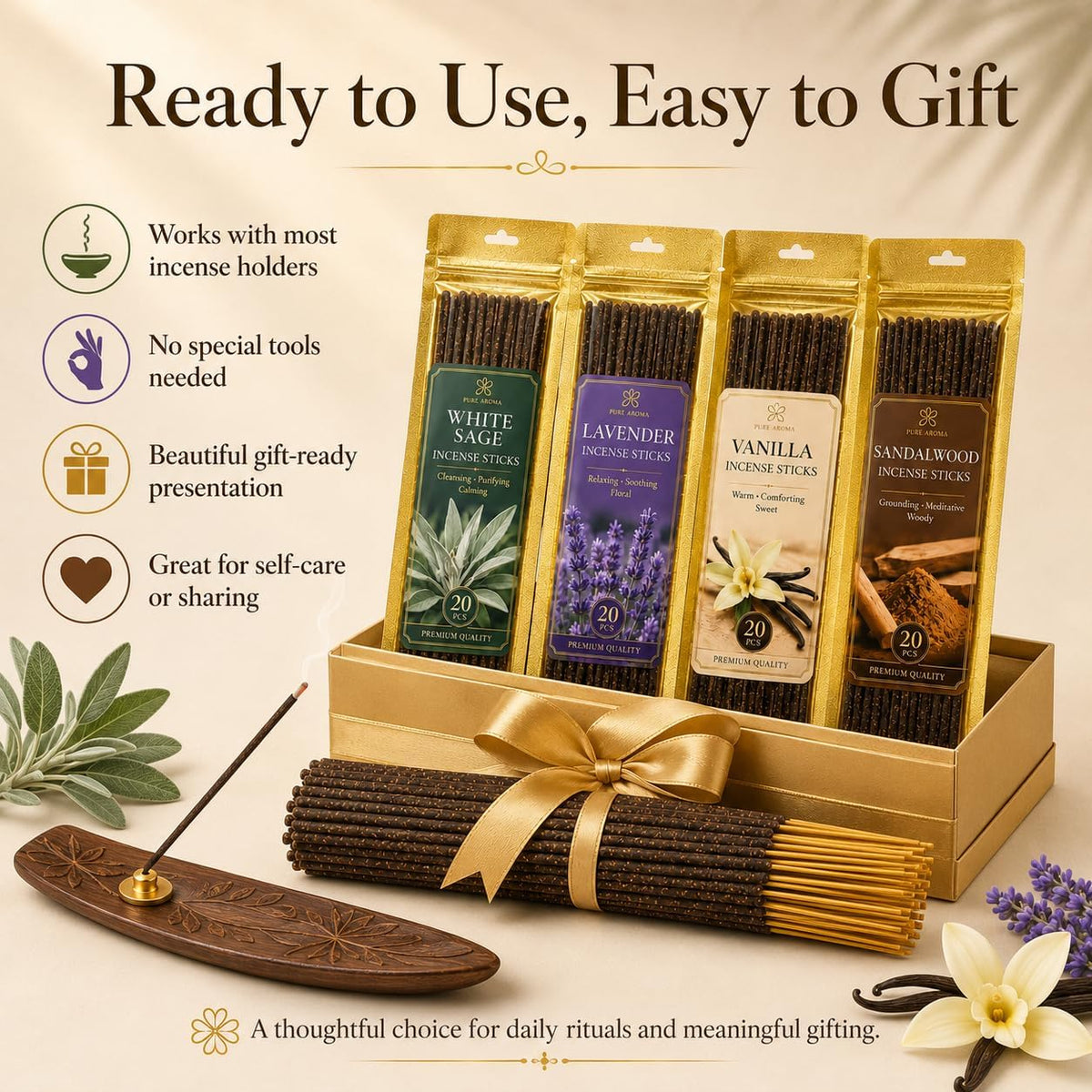 RAINFLOW Natural Incense Sticks - 80 White Sage Sandalwood Lavender Vanilla