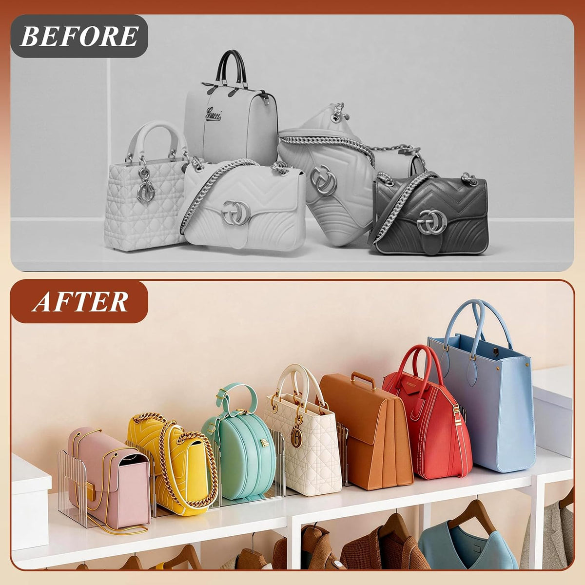Clear Purse Organizer for Closet, Adjustable Purse Storage Handbag Storage Shelf Dividers, 1 Set Plastic Clutch Dividers for Closet Organizers Perfect for Purse Handbag Books
