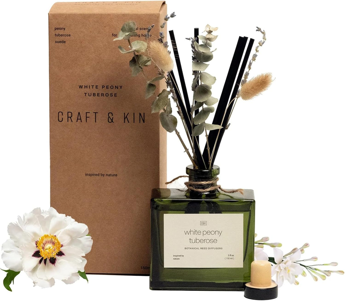 Craft & Kin Premium Mayan Copal Reed Diffuser – 3.4 oz Natural Essential Oil Diffuser for Home & Bathroom – Long-Lasting Fragrance with Rattan Scent Sticks – Green Glass Room Decor
