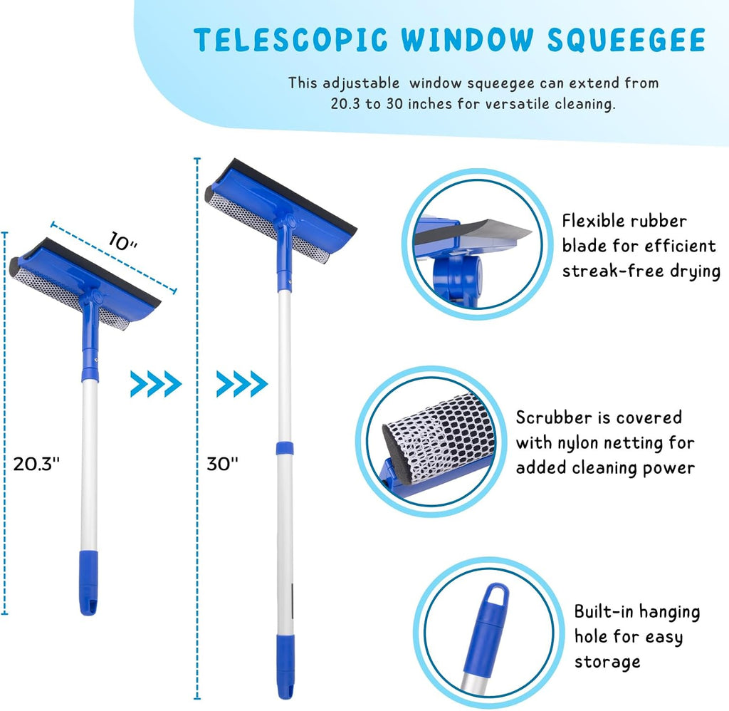 Window Cleaner Tool for Home with 20''-30'' Extension Pole, Squeegee for Car Windshield Cleaning, Glass Washer for Shower Doors, Mirror