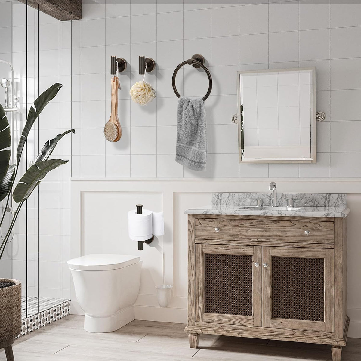 4 Piece Oil Rubbed Bronze Stainless Steel Bathroom Hardware Set Include Hand Towel Ring, Toilet Paper Holder,and 2 Robe Towel Hooks,Bathroom Accessories Set Oil Rubbed Bronze