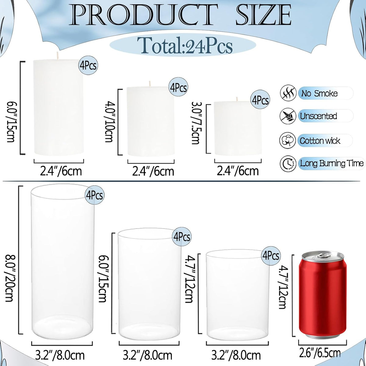 UDU 24 Pcs White Pillar Candles and Glass Cylinder Vases, Hurricane Pillar Candle Holder Vases for Wedding Centerpieces Table Party Home Decor(3.2" X 4.7", 6", 8")