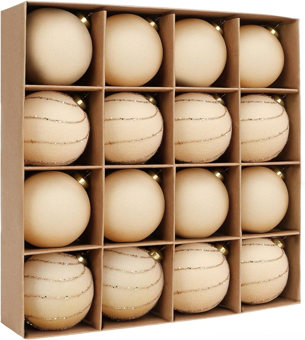 16 Pcs Beige Velvet Christmas Ball Ornaments, Flocked Tree Decorations