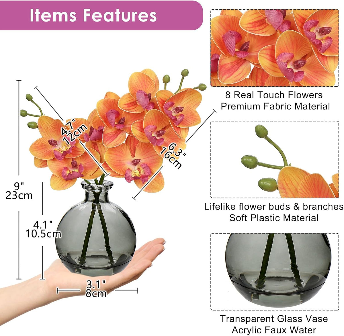 Oairse Orange Orchids Artificial Flowers Faux Orchid Arrangement with Vase