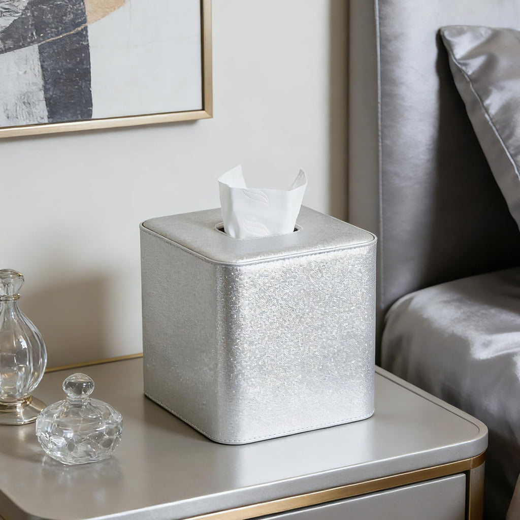 GORESE PU Leather Tissue Box Cover Square, Decorative Tissue Box Holder for Kleenexs, Tissue Cover for Vanity, Bathroom, and Office, Elegant Shimmer Cube Tissue Box (Silver)