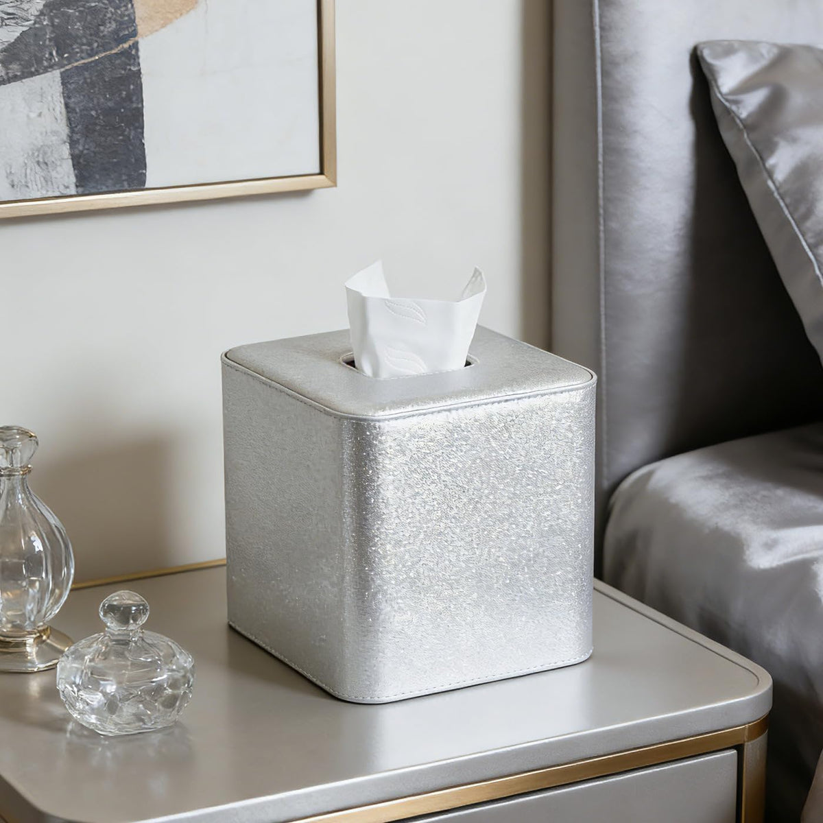 GORESE PU Leather Tissue Box Cover Square, Decorative Tissue Box Holder for Kleenexs, Tissue Cover for Vanity, Bathroom, and Office, Elegant Shimmer Cube Tissue Box (Silver)