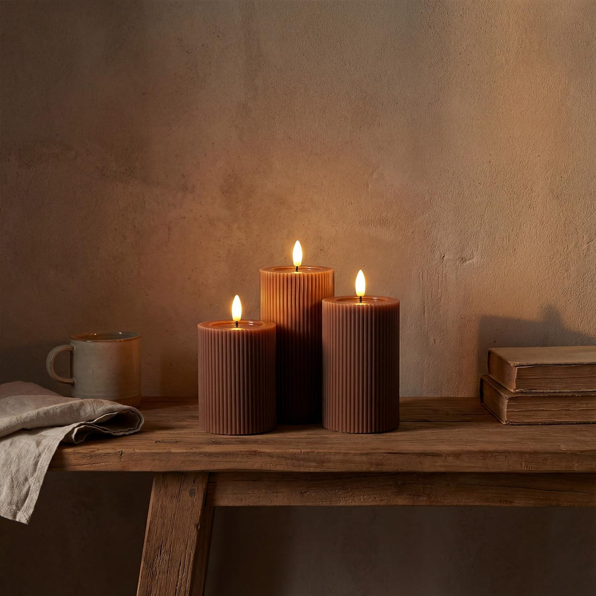 Fluted Ribbed LED Pillar Candles, Brown, with Realistic Reflective Melted-Wax Effect – Flickering Flame, Remote, Dimmable, Flameless, Battery Operated, Home & Wedding Decor (Set of 3)