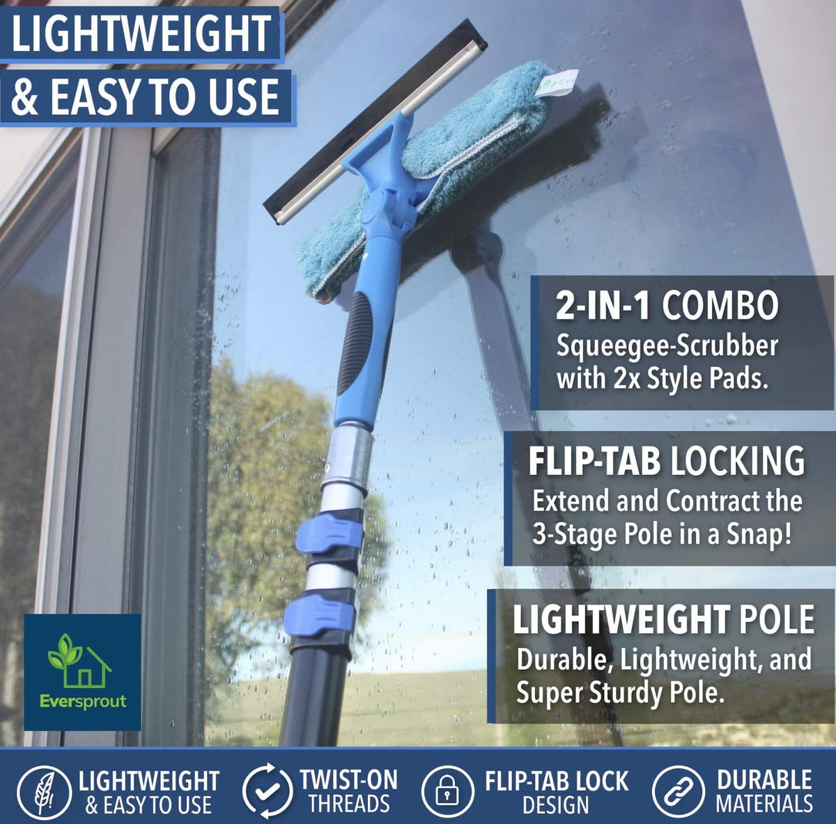 EVERSPROUT Swivel Squeegee & Microfiber Window Scrubber, 5 to 12ft Pole