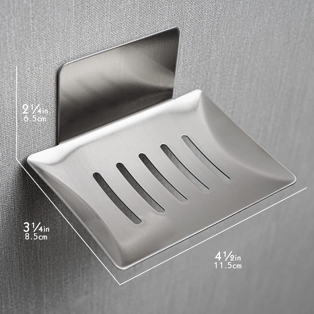 Soap Dish for Shower Wall, Stainless Steel Adhesive Soap Holder for Bathroom, 5 Slot Sponge Holder for Kitchen Sink, Bar Soap Tray with Drain Silver