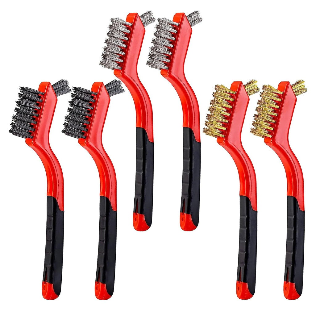 YiwerDer 6Pcs Mini Wire Brush Set, Stainless Steel/Brass/Nylon Bristles Wire Brushes, Curved Handle Soft Grip for Rust, Dirt & Paint Scrubbing with Deep Cleaning – 7 Inches (Red)