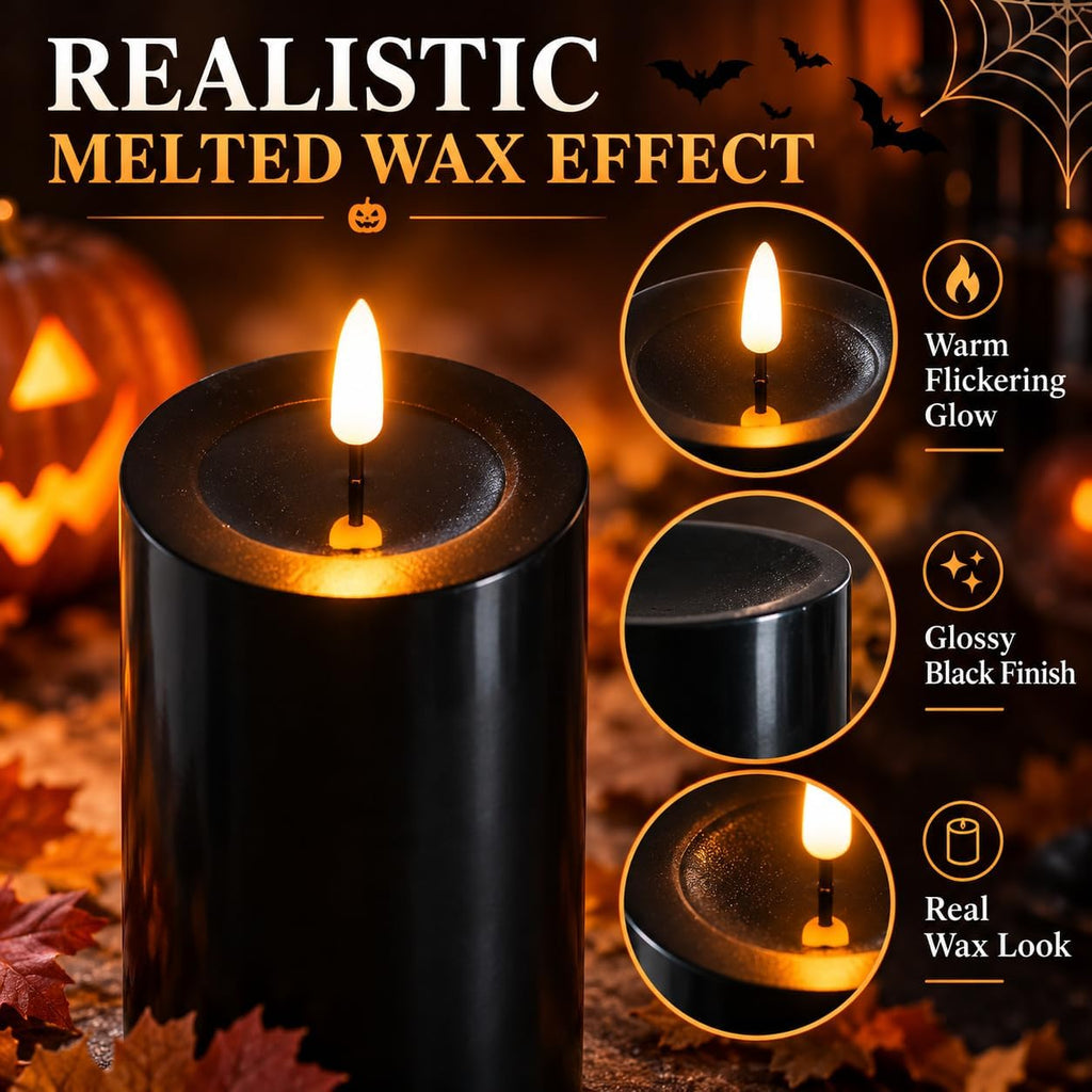 Lezonic Black Flameless Candles with Remote, LED Battery Operated Flickering with Timer, 4 Pack Glossy Wax Drips Design Real Wax Pillar for Halloween Decor, Centerpiece, Birthday Gifts (4/5/6/8 Inch)