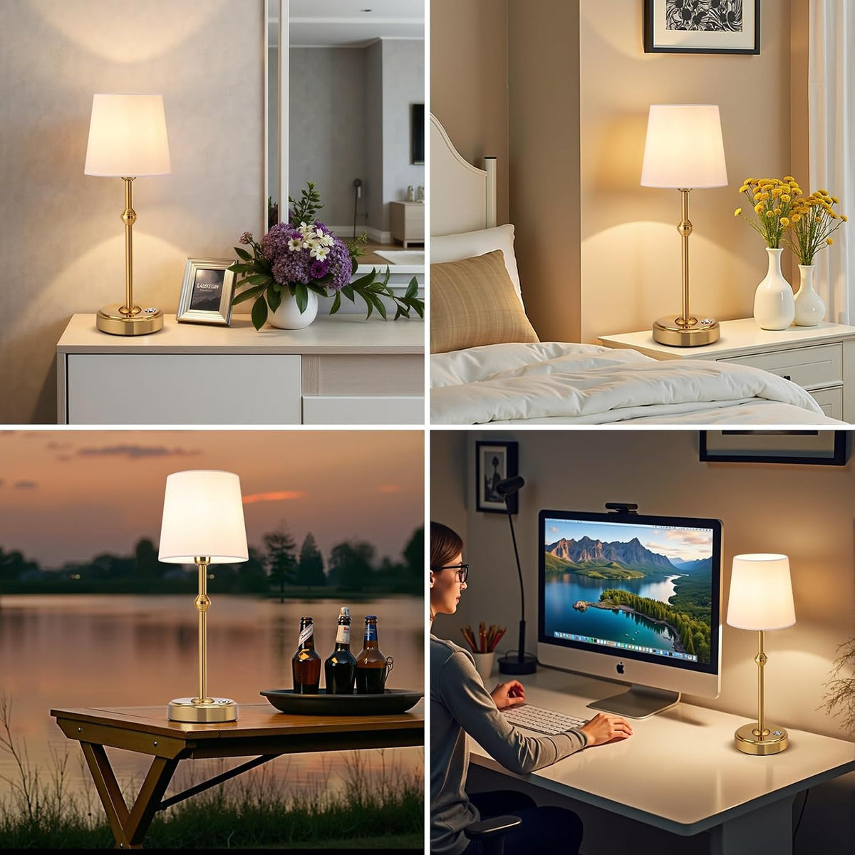 Portables Cordless LED Table Lamp, 4000mAh Wireless Rechargeable Battery Operated Powered Light, Dimmable Table Lamp for Dining Room, Bedroom, Bedside, Bar, Night Light, Camping, Patio (Bronze)