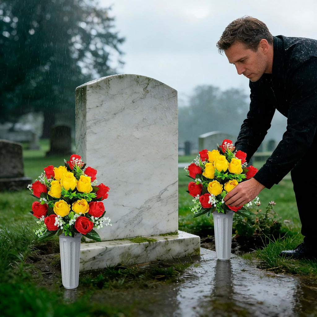 Set of 2 Artificial Cemetery Flowers with Vase, Artificial Grave Flowers Outdoor Memorial Rose Bouquets for Cemetery Headstone Graveyard Decor (Red Yellow)