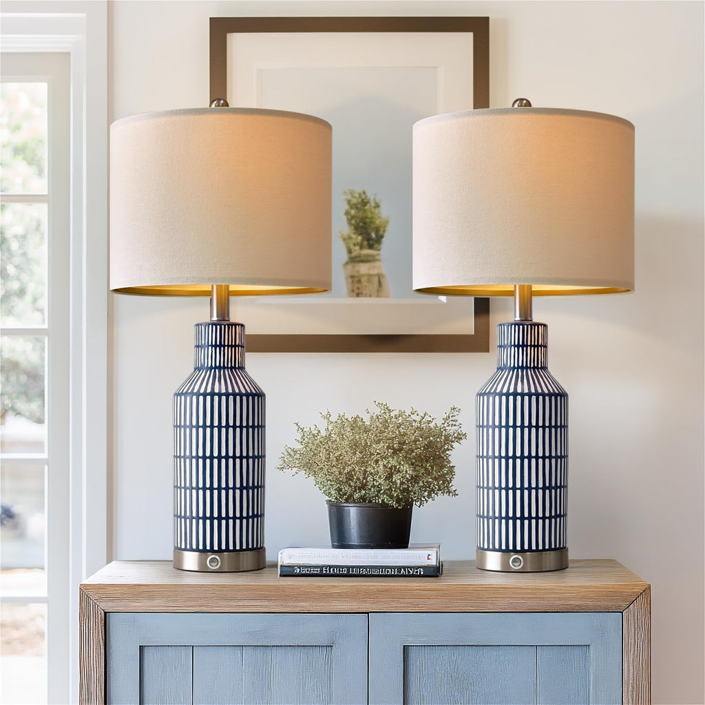 USumkky 25" Modern 3-Way Dimmable Touch Control with USB A+C Ceramic Lamps Set of 2 Table Lamp for Living Room Bedroom Farmhouse Nightstand Bedside Blue