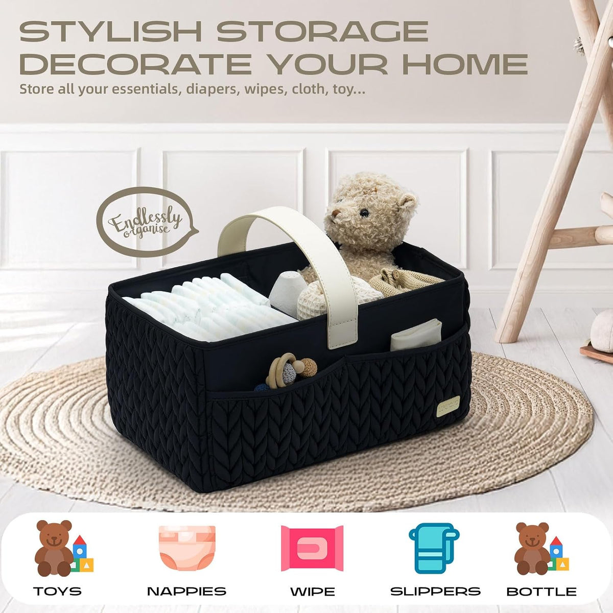 Luxurious Baby Diaper Caddy, Nursery Storage Basket for Newborn Essentials, Travel Baby Basket for Diapers Baby Wipes, Organizer Tote Bag Storage Bin, Baby Shower Gifts(black)