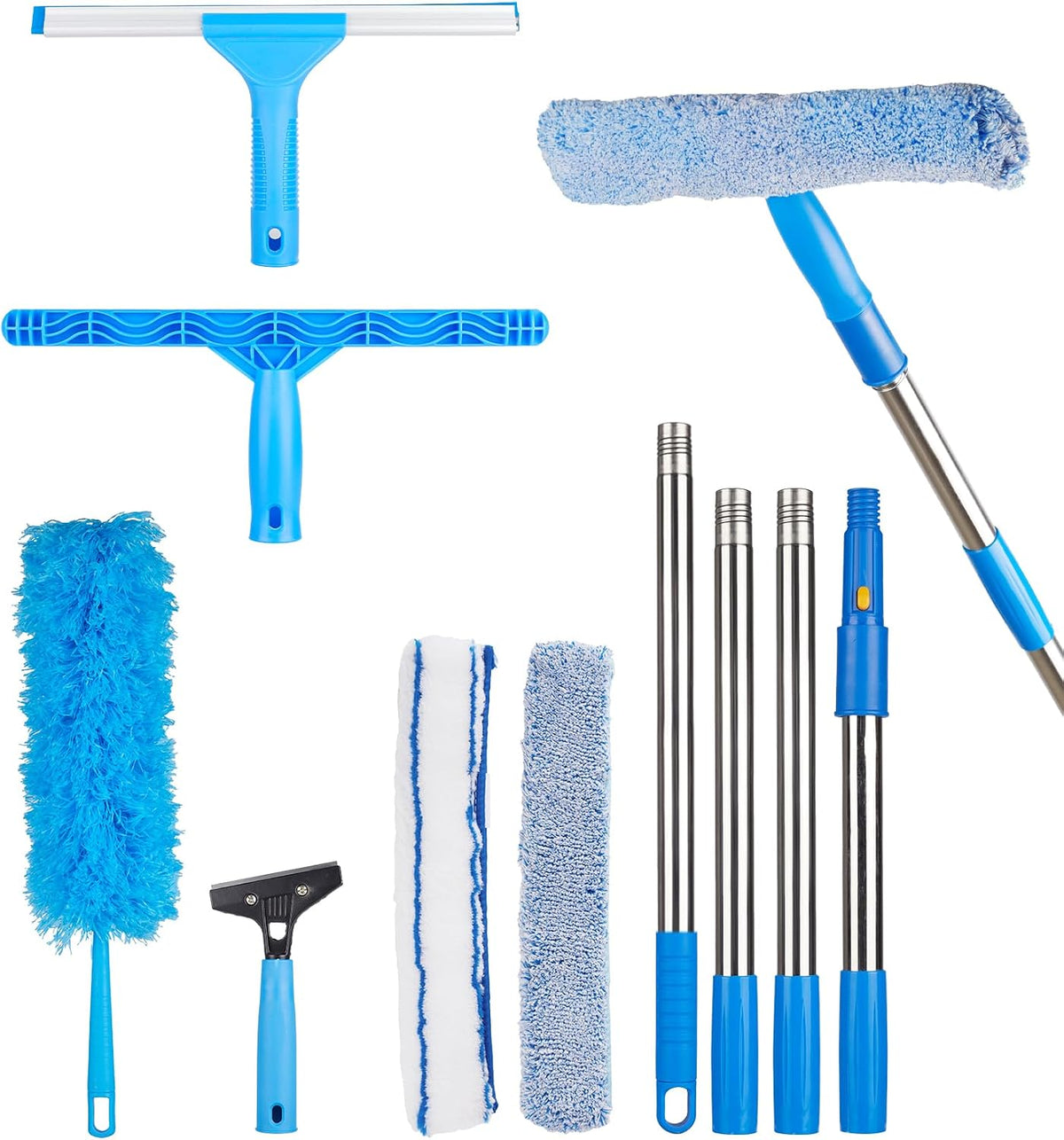 Window Squeegee Cleaner with 4 Stainless Steel Extension Poles, 58inch Long Reach, Scrubber, Glass Scraper, Bendable Duster, 2 Scrubber Cloth for Window, Car, Professional Cleaning Kit