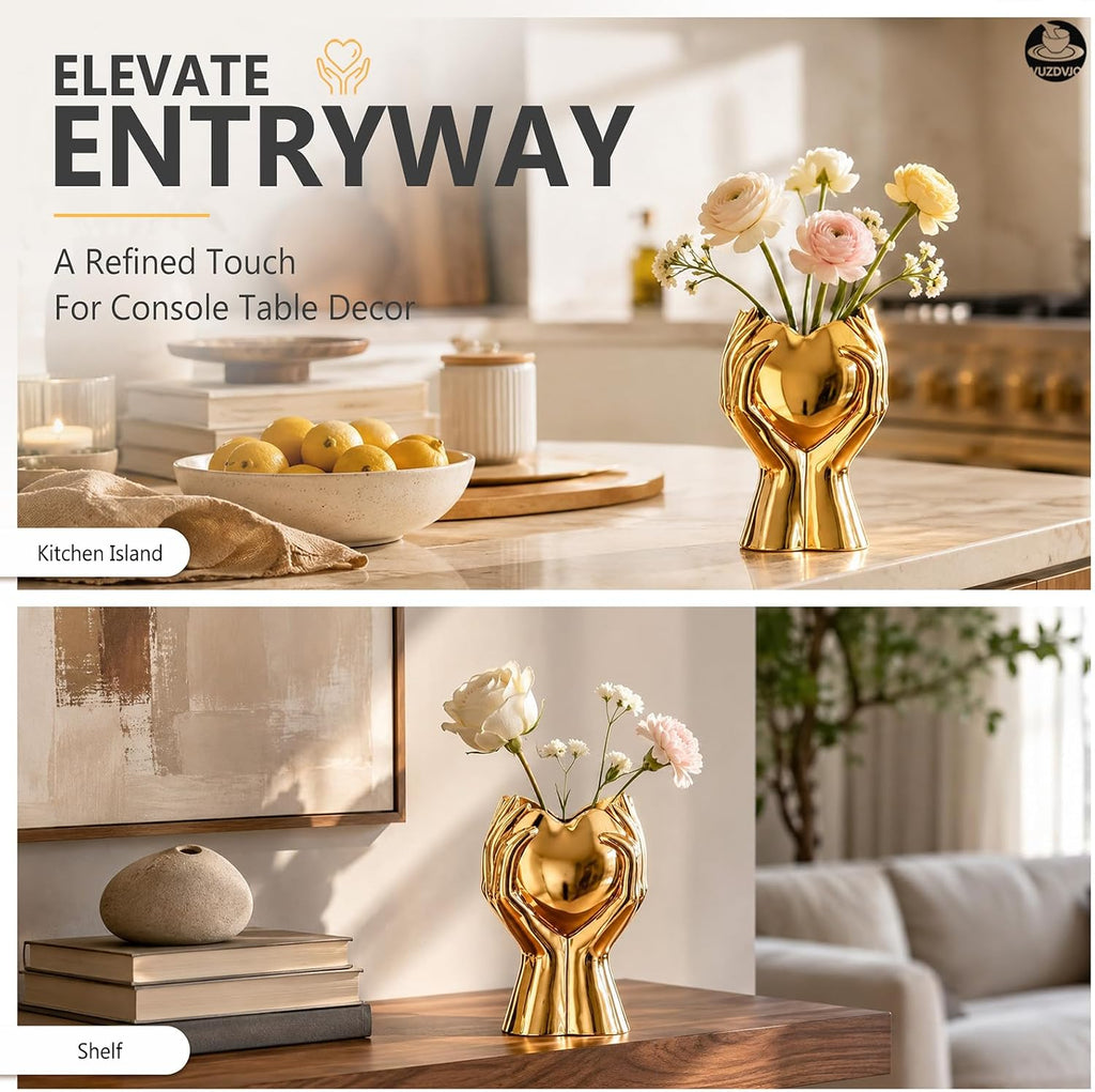 8" Heart Hand Gold Ceramic Vase - Unique Modern Aesthetic Flowers Vase for Living Room Bedroom Office Kitchen Table Centerpiece or Shelf Decor-Gifts for Wedding Bridal Shower Women Mom (Gold)