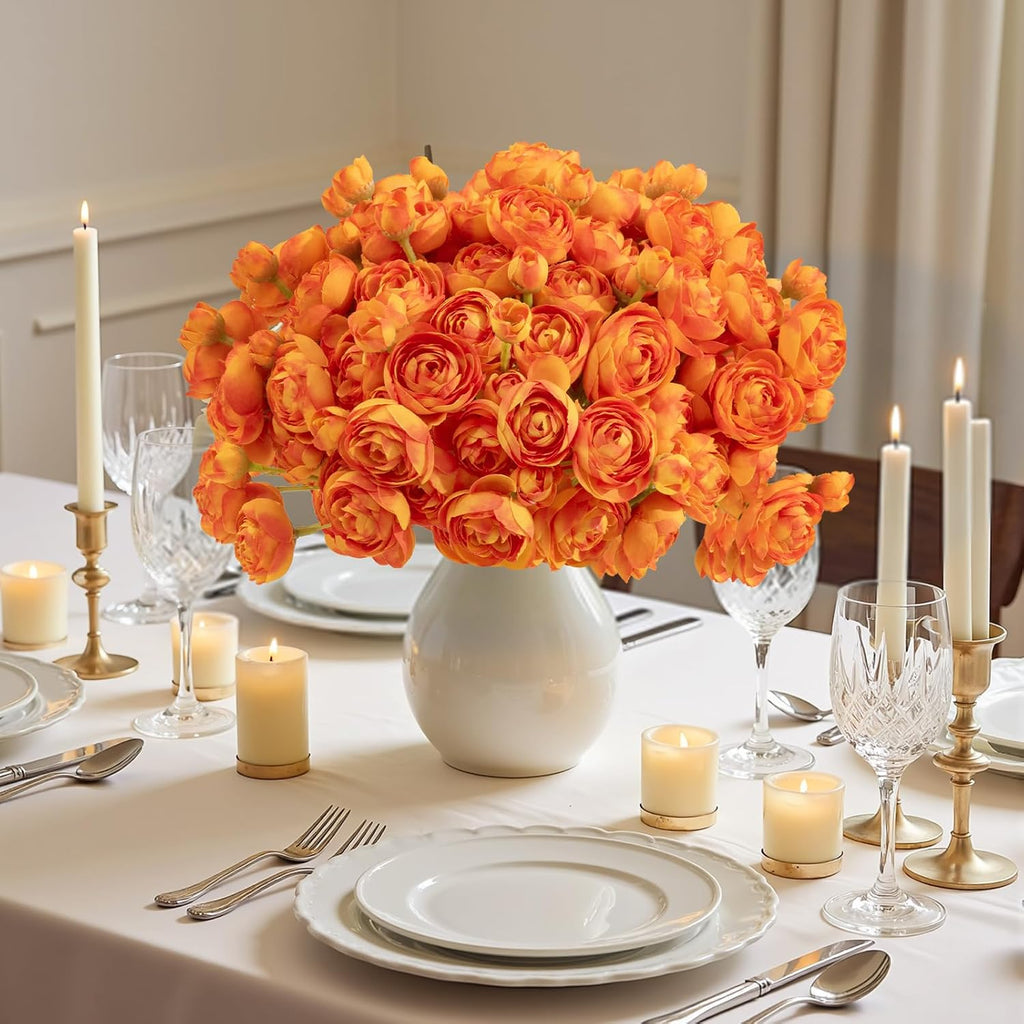 U'Artlines Mini Ranunculus Artificial Flowers Bouquet 20 PCS Citrus Orange