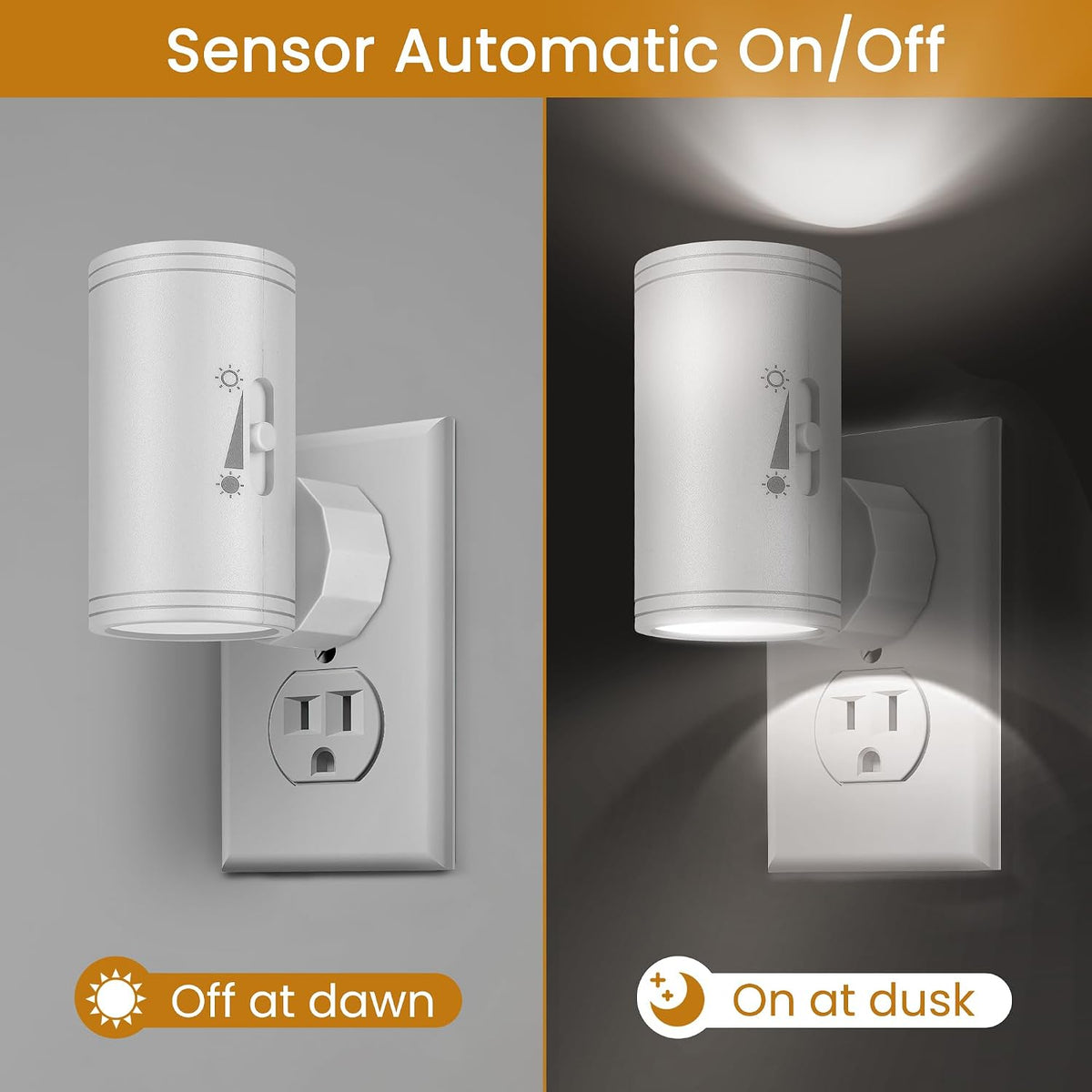 4 Pack LED Wall Plug-in Night Light with Dusk to Dawn Sensor, 5000K Daylight White, Dimmable 0-300LM, Adjustable Rotating Lamp for Bedroom, Bathroom, Kitchen, Hallway (Auto On/Off, Wall Outlet)