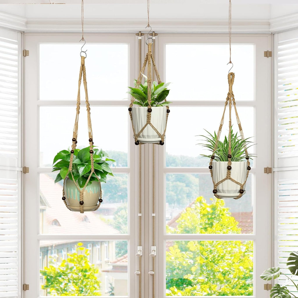 3 Pcs Macrame Plant Hangers,Indoor Different Size Hanging Planter Basket Flower Pot Holder with Beads,No Tassels Hanging Planter Basket with Wood Beads for Indoor Outdoor Home Decor