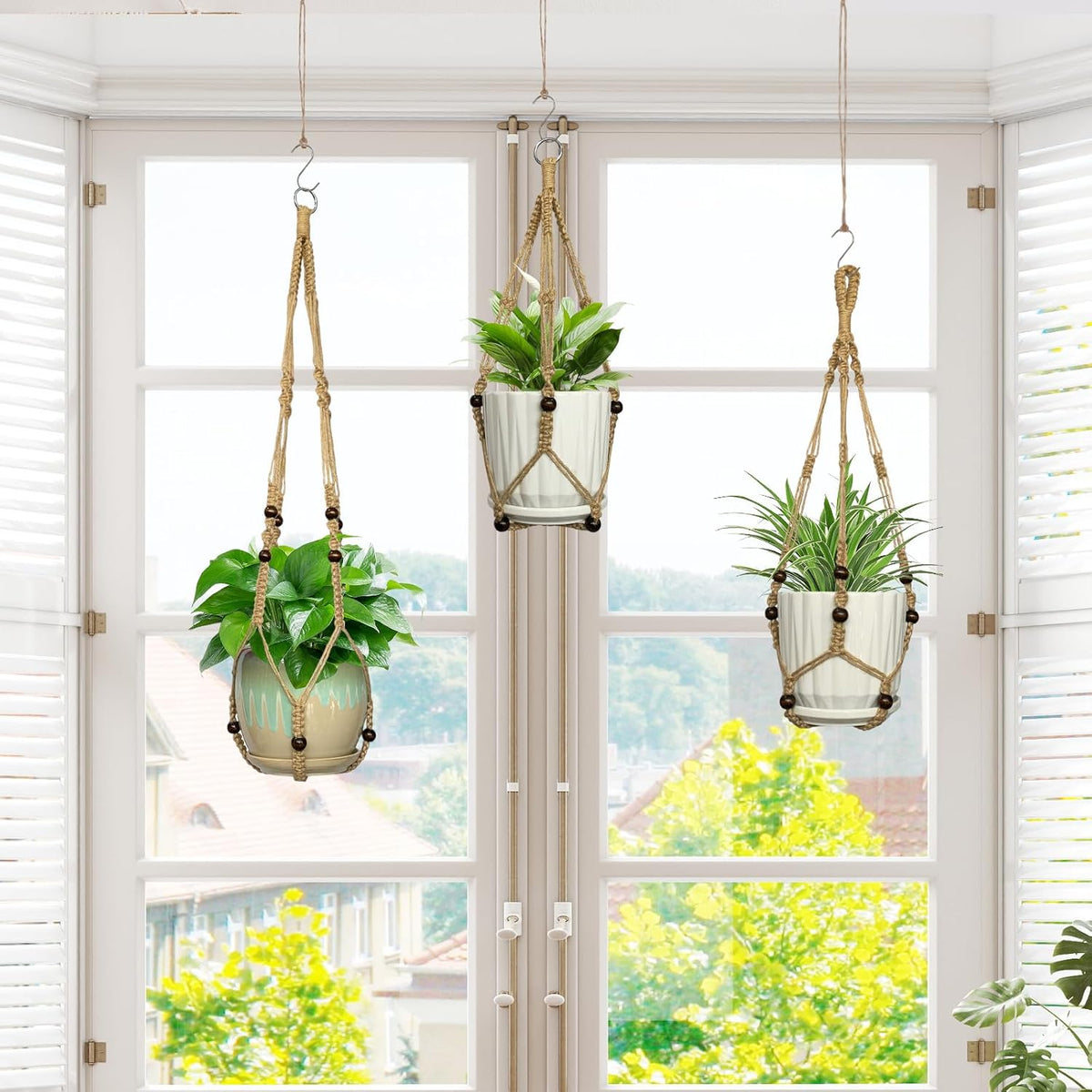 3 Pcs Macrame Plant Hangers,Indoor Different Size Hanging Planter Basket Flower Pot Holder with Beads,No Tassels Hanging Planter Basket with Wood Beads for Indoor Outdoor Home Decor