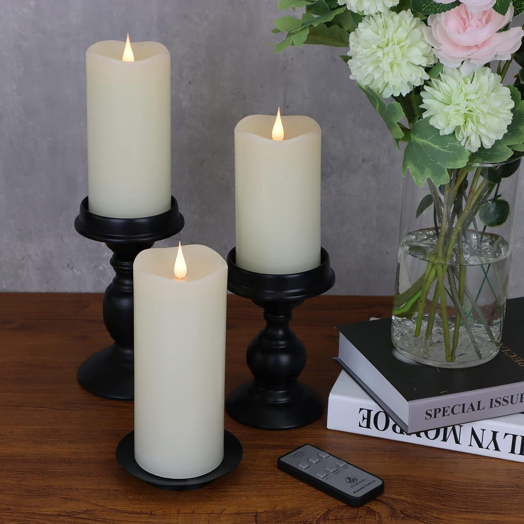 TECHLONG Flickering Flameless Candles with 3D Moving Flame Set of 3(H 5" 6" 7" x D 3"), Last 1000+ Hours Battery Operated Candles with Remote Timer, Ivory Real Wax Electric LED Pillar Candles