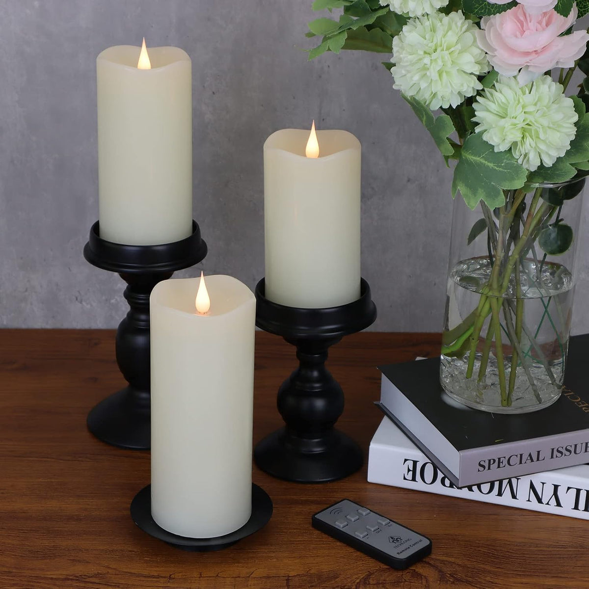 TECHLONG Flickering Flameless Candles with 3D Moving Flame Set of 3(H 5" 6" 7" x D 3"), Last 1000+ Hours Battery Operated Candles with Remote Timer, Ivory Real Wax Electric LED Pillar Candles