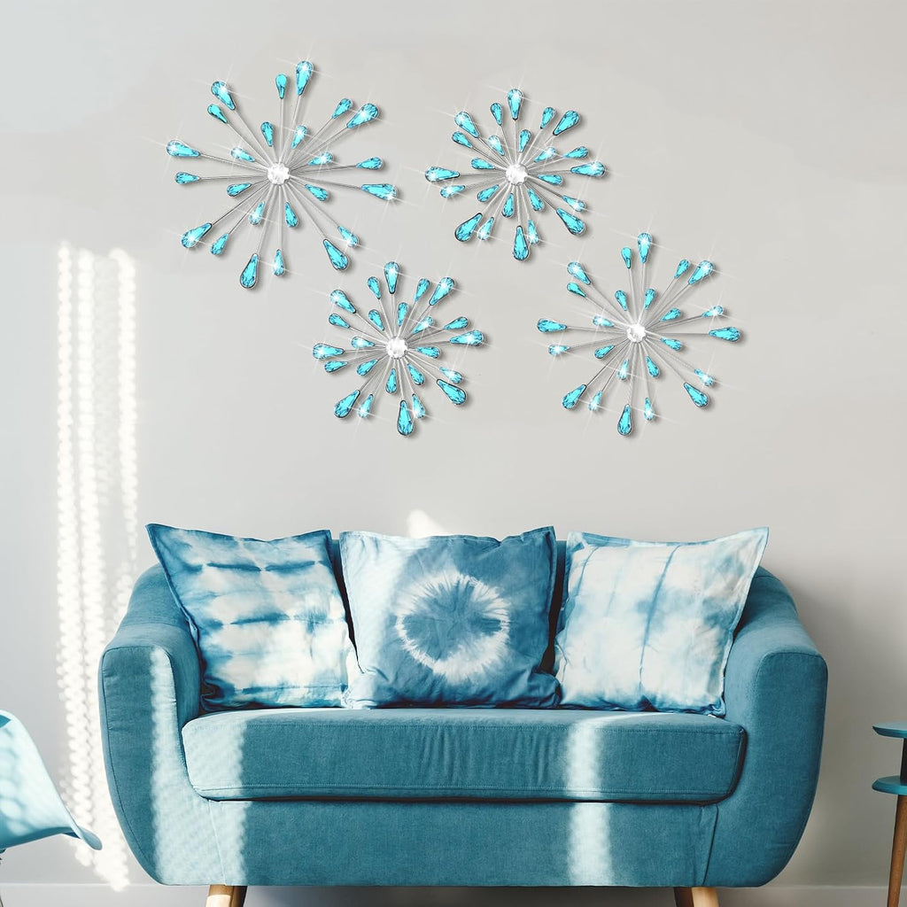 Hicarer 4 Pcs Starburst Wall Decor, Bling Metal Wall Art, Blue